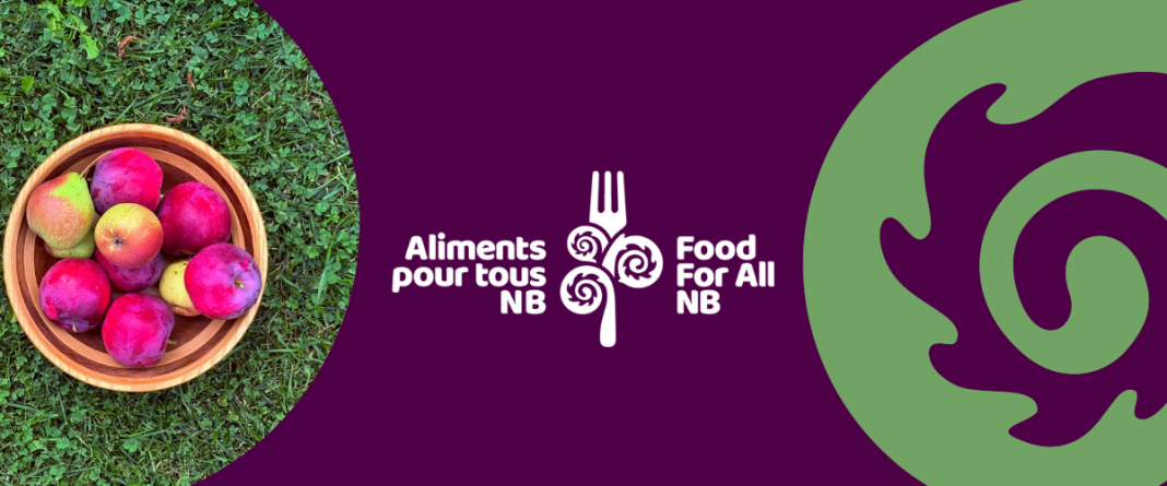 Food for Alll NB Banner including photo of a bright pink summer strawberry blossom.