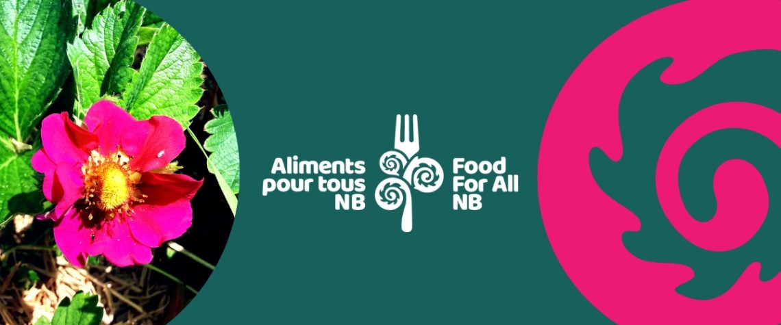 Food for Alll NB Banner including photo of a bright pink summer strawberry blossom.