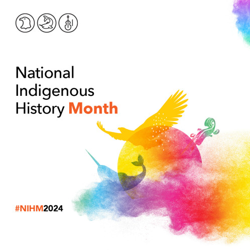 English image for Instagram with 3 illustrations: an eagle representing First Nations, a narwhal representing Inuit, and a violin representing Métis. These illustrations are placed around the sun and surrounded by multicoloured smoke that represents Indigenous traditions, spirituality, inclusion and diversity.  English text: National Indigenous History Month #NIHM2024