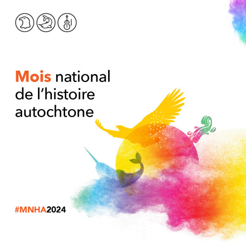 Image en français pour Instagram avec 3 illustrations : un aigle qui représente les Premières Nations, un narval qui représente les Inuit et un violon qui représente les Métis. Ces illustrations sont placées autour du soleil et entourées par une fumée multicolore qui rappelle la tradition, la spiritualité autochtone, l'inclusion et la diversité.  Texte français : Mois national de l'histoire autochtone #MNHA2024